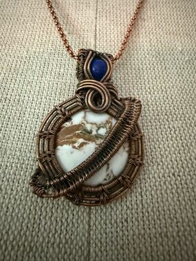 Handcrafted Copper Wire Wrapped White and Brown Stone Pendant
